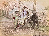 two young women wearing traditional Japanese costumes and carrying parasols; standing woman at left wears pale green kimono with pink, yellow and light blue flowers; woman at center in lavender and green kimono is seated in a rickshaw; rickshaw driver at right holding wheel of rickshaw, dressed in black. Original from the Minneapolis Institute of Art.