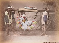 young woman seated in a sling-like chair attached to a pole held on the shoulders of two young men; woman wears light blue kimono with pink flowers on the shoulder; sling covered in multicolored patchwork fabric; bundle and parasol tied to top of pole; men wear short open shirts, loincloths and plant fiber sandals. Original from the Minneapolis Institute of Art.