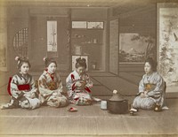 young woman and three girls wearing traditional Japanese garments; woman at right seated with a water jar (?) in front of her, wearing a light blue and purple patterned kimono; three girls at right wear patterned kimonos of light blue, grey and red, with pink flowers in their hair; girl at center holds a tan bowl which she gazes into; backdrop of interior behind figures. Original from the Minneapolis Institute of Art.