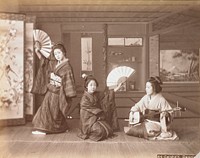 three young women in an interior; seated woman at right plays a shamisen; two other young women with fans and wearing dark striped kimonos, dance; folding screen at left. Original from the Minneapolis Institute of Art.