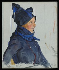 head and upper body of a woman wearing a dark blue coat and hat, seen from PR. Original from the Minneapolis Institute of Art.