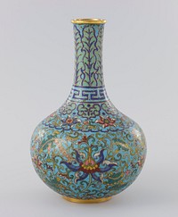 cloisonné bottle; rounded bottom section on gold ring foot; shoulder tapers to long spout which slightly flares outward at top to ring mouth; floral, leaf, and scroll designs, with dark and light blue band with geometric pattern at base of spout. Original from the Minneapolis Institute of Art.