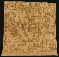 light tan ground stitched with dark brown overall with a few appliqué pieces; linear and circular geometric elements overall; received mounted. Original from the Minneapolis Institute of Art.