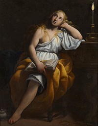 Mary Magdalen with long wavy blonde hair, seated, leaning her PL upper arm on a table with heavy turned leg; Mary wears a white gown, exposing her PR breast and arm, with a loop of gold fabric around her lap and PL leg; candle on table at Mary's elbow. Original from the Minneapolis Institute of Art.