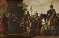figures in a landscape; Christ at left wearing blue garment, accompanied by five figures in various colored robes; three men, including one man wearing vest of armor, kneeling at center before Christ; man in vest of armor with sword, wearing red cape with white fur lining at right, seated on horseback, accompanied by seated dog; standing armored soldier behind kneeling figures; other standing figures and horse; foliage at left. Original from the Minneapolis Institute of Art.