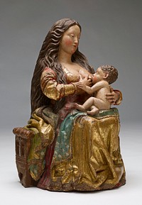 seated figure of Mary with long, thick brown hair, wearing rich robes of gold, blue and red, holding nude baby Jesus on her lap, breastfeeding; Jesus' brown hair is styled in ringlets close to his head. Original from the Minneapolis Institute of Art.