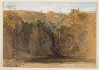 view of a sheer rock wall in a landscape; waterfall at top center; buildings at high horizon line; pool in foreground. Original from the Minneapolis Institute of Art.