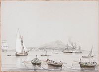 three large rowboats in foreground, filled with people; two small sailboats in middle ground; large sailing ship at left in distance with other ships at right without sails unfurled; Mount Vesuvius in background; grey sky and water. Original from the Minneapolis Institute of Art.