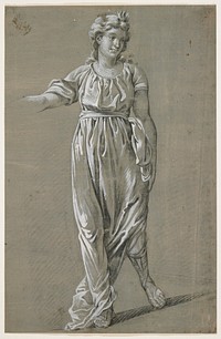 woman walking, seen from front; woman has long wavy hair and wears a gown with a slit in PL side, allowing a view of tall sandals; gown tied with a sash at waist; scooped neckline; PL arm at side; PR arm held away from body, with arm unfinished and hand out of picture plane; grey wash overall on background. Original from the Minneapolis Institute of Art.