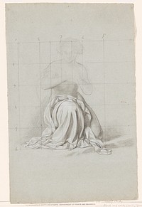 figure kneeling on PL knee, with drapery over PR knee; drapery fully finished--figure lightly sketched; squared off in a grid with numbers. Original from the Minneapolis Institute of Art.