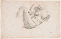 partially reclining figure of a very muscular nude woman with upper body twisted to PL; PR elbow on outside of PL thigh; PL lower arm, PR leg and PL foot not differentiated--hair and PL hand faintly sketched; four O's in brown ink, LRC. Original from the Minneapolis Institute of Art.