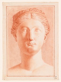 drawing of sculpted head of woman with round face and rather thick neck; hair in waves--wearing headband. Original from the Minneapolis Institute of Art.