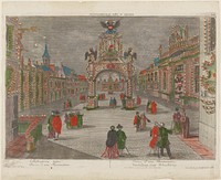 image of men and women on a city street with buildings on either side of walkway and large central archway surmouted with bust and eagles decorated with lights; bright hand coloring in red, green, purple, blue and orange; text at bottom and top, including, "Devise d'une Illumination.". Original from the Minneapolis Institute of Art.