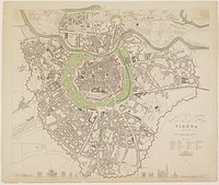 map of Vienna, colored with green, pale orange and red; view of 12 buildings at bottom edge. Original from the Minneapolis Institute of Art.