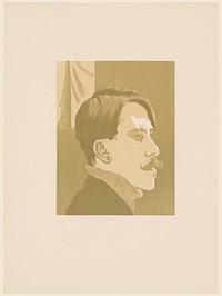 head of a man in profile from PR; man has short hair and thick moustache and wears a turtleneck; printed in green and tan. Original from the Minneapolis Institute of Art.