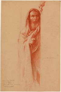 recto: old man with long beard and moustache, wearing a hooded cloak, with his PL arm and part of his body hidden by a wall; verso: study of a nude winged figure with arms up toward right, looking toward left; study of a hand holding a curved baton (?) in ULC. Original from the Minneapolis Institute of Art.