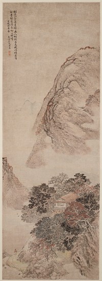 Figure walking with a staff in LLC; another figure inside a building surrounded by trees with changing leaves, below center; three flying birds with long tail feathers, LLQ; misty rugged mountain peak at top; muted fall colors. Original from the Minneapolis Institute of Art.