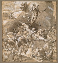recto: dynamic scene with Jesus ascending from closed tomb at top right of center, carrying a cross; angel at center seen from back, pointing to falling soldiers in LRC; soldiers with shields and dog, LLC; three figures near a gateway, ULQ; verso: very light sketch of same composition as front. Original from the Minneapolis Institute of Art.