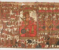 surface covered with paintings of warriors; battle scenes, horses, carts, and more; large mustachioed figure in red at center holds a spear and lotus; faces four other seated figures. Original from the Minneapolis Institute of Art.