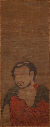 male figure at lower half of image with a halo, two bald spots, fluffy black hair, and a close-trimmed beard and moustache, wearing a black and red cloak. Original from the Minneapolis Institute of Art.
