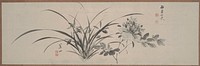 Wispy orchids at center with many grass like fronds; peony with foliage at R. Unmounted. Original from the Minneapolis Institute of Art.