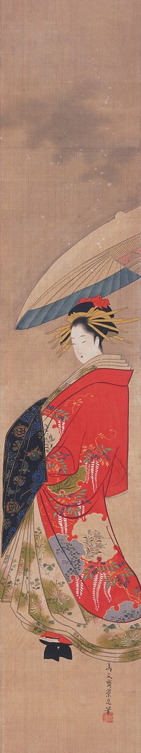 3/4 profile of woman wrapped in rich, red coat with vibrant white wisteria design with gray and beige ornamentation; pastel colored inner folds with green floral decoration; black cloth over hands; ornate hairpiece; white and blue parasol is held over her head at R by unseen attendant. Original from the Minneapolis Institute of Art.