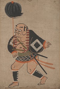 Short, bald man wearing open black, short coat with white square on either side of chest, and red and cream stripes at front seams; open coat exposes his big round belly; black leg cuffs; man is concentrating intently on walking very carefully; holding object on long staff with black pouf at top in PR hand, carefully holding PL hand out at side. Original from the Minneapolis Institute of Art.