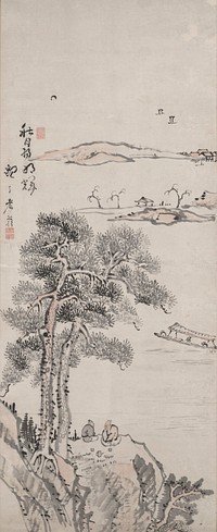 Large rock formation with two tall pine trees at lower center with an elderly couple enjoying tea on boulder; in middle ground, three people sit in a long boat with awning; in background, two rock formations, one with a small, open walled structure and three leafless trees, the other with a few buildings at R; two sailboats in distance at UR; inscription at L; small moon at UL; a few details highlighted in pinkish wash. Original from the Minneapolis Institute of Art.