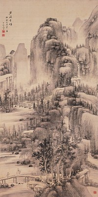 Large stepped mountains with boulders, pines, and waterfall at back; small open pavilion on flat topped rock just below waterfall; pathway ascending lower stepped rock formation at center; a few houses on stilts in water at L center, surrounded by pines; two figures cross bridge at LL. Original from the Minneapolis Institute of Art.