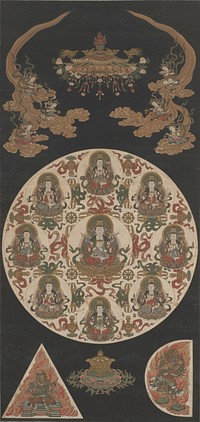 Large mandala with white background at center with 8 vignettes of Buddhas in various poses, seated on lotus blossoms; at center of circle is Buddha seated within lotus blossom decorated with golden lion heads; at top: inverted lotus-like form with golden birds; figures at UL and UR with offerings riding in on golden clouds; at LL, triangular vignette of blue figure seated before flames; at LR, semi-circle of blue figure posing in front of flames; black background. Original from the Minneapolis Institute of Art.