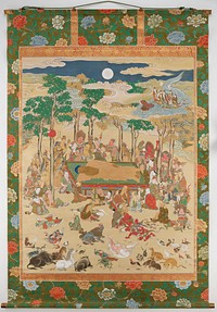 Buddha reposed at center on dias surrounded by many crying figures; animals in foreground; trees surrounding dias with full moon at top center; part of mount painted with large flowers. Original from the Minneapolis Institute of Art.