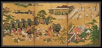 Unsigned; right of a pair of six-panel folding screens; many scenes on gold leaf: attendants with carriages at Land center among pine trees and clouds; interior scenes at top: male figure in red inside open walled room; court women at top center with pulled screens; trees; interior scene at R with court women in large robes admiring art on scrolls; group of robed men among blossoming cherry trees at UR. Original from the Minneapolis Institute of Art.