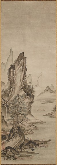 One of a pair of landscapes; once grouped with white-robed Kannon that was placed in center; left landscape; rocky cliff at LR with trees and boulder below; to men crossing an arched bridge near LL; small building in background; far background a misty rock outcropping with pine trees. Original from the Minneapolis Institute of Art.