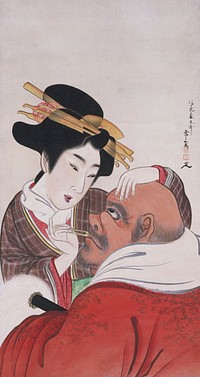 Smiling young courtesan daintily plucks at the hairs of Daruma's upper lip; courtesan wears brown and white plaid robe with detailed red and white undergarment; Daruma wears red robe with white around neck; bald head, exaggerated cheek bones; looks painfully up at courtesan. Original from the Minneapolis Institute of Art.