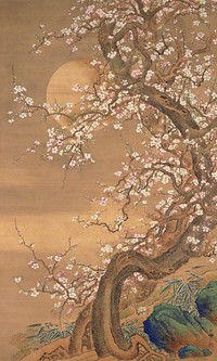 Gnarly tree in moonlight; tree is full of plum blossoms; blue/green rocks at LR with some bamboo leaves; full moon peeking from behind blossoms at ULQ. Original from the Minneapolis Institute of Art.