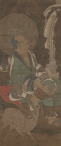 man seated with crossed knee, hands on knee, looking at waterfall on R; wearing green kimono with blue and white accents; halo around his head; deer in foreground looking up at man. Original from the Minneapolis Institute of Art.