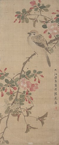 Small songbird perched on blossoming branch with pink blossoms; branch extends from URC to LLC; bird is situated near URC; small inscription along R edge in black ink. Original from the Minneapolis Institute of Art.