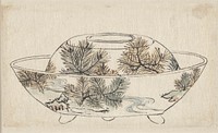 Covered bowl with three feet; image of pine boughs on cover highlighted in light blue, green, and orange-yellow watercolor; bottom part of bowl has images of pine boughs, green, rocky landscape, and winding blue stream; also highlighted in blue, green, and orange-yellow. Original from the Minneapolis Institute of Art.