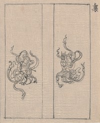 two facing figures, rendered in black ink with a very fine brush; musician L is kneeling, wearing flowing robes, with drum on lap; figure on R kneels, also wearing flowing robes, bracelets, holding an object with two hands in front of face; Japanese character at UR. Original from the Minneapolis Institute of Art.