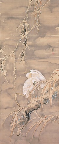 Two egrets standing close together near center of image; snow covered branch hangs down from UR; snow-covered branches and foliage in foreground LR. Original from the Minneapolis Institute of Art.