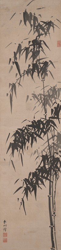 Two narrow stalks of bamboo at R with a third narrow shoot growing off R stalk; clusters of black and grey leaves; steel grey mount. Original from the Minneapolis Institute of Art.