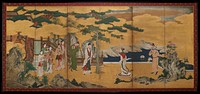 Unsigned; scene with figures in foregreound: group of attendants on L with man in white facing woman in white; landscape with water in background on R; interior on L; gold leaf background. Original from the Minneapolis Institute of Art.