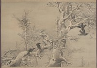 Large snow-covered tree at center extending towards UR with black birds perched on branch, two flying off; crooked snow-covered pine branch at LL with two crows; other leafless, snow-covered trees in background. Original from the Minneapolis Institute of Art.