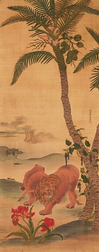 Two pink lions at lower center, one is turned outward looking up at viewer, while the other is turned away; lions are standing next to two palm trees, one of which is bearing coconuts; grapevine winds around the two trunks at R; plant with large, vibrant red blossoms in foreground at L; rhinoceros is drinking out of a river in background. Original from the Minneapolis Institute of Art.