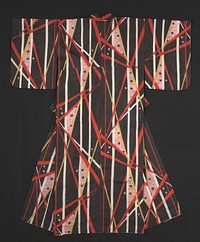 Black kimono with red, white and yellow vertical and diagonal lines with some green and gray dots; some vertical pattern with red plaid and spots. Original from the Minneapolis Institute of Art.
