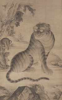 Very large scroll with female tiger seated at center looking over PR shoulder toward two curious cubs at L edge; large tree with holes in trunk ULQ; tigers appear to be standing on cliff; rocks and bamboo at bottom of scene. Original from the Minneapolis Institute of Art.