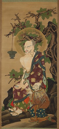 Seated figure with purple, green, and gold robe over PL shoulder holds green jewel in PR hand, stroking it with PL hand; figure has large hoop earring, distended earlobe; exaggerated features, bald forehead; halo around figure; seated before tree with few green leaves and purple flowers; short figure with long fingernails and outstretched arms stands at seated figure's PL; chalice hanging from tree in front of Rakan. Original from the Minneapolis Institute of Art.