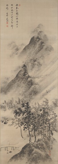 Mountain landscape with trees: at LL, a figure with straw rain cape crosses a bridge into a grove of trees at R; mountains at center with rooftops emerging from the fog at center R; larger mountain range in background; bands of diagonal, light grey brushstrokes allude to rain. Original from the Minneapolis Institute of Art.