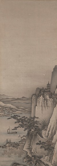 seaside village at L, with white buildings, ships, and reeds at LL; sailboat with human figures at LLQ; low, rocky shore, buildings on stilts, and moored boats in middle ground at L; low mountains and a bay with boats in middle distance; at LR, an old lady in white ascends mountain trail at base; towering rock walls at either side of cliff, gnarled pine tree at L of cliff; small structure at center of mountain trail; second large cliff has temple complex at top; large, shadowy mountain continues upward at R. Original from the Minneapolis Institute of Art.