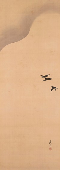 three black birds fly at R edge against a neutral background; curving line with grey background ULQ. Original from the Minneapolis Institute of Art.